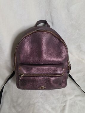 Coach Metallic Wine Refined Pebble Leather Medium Charlie Backpack
